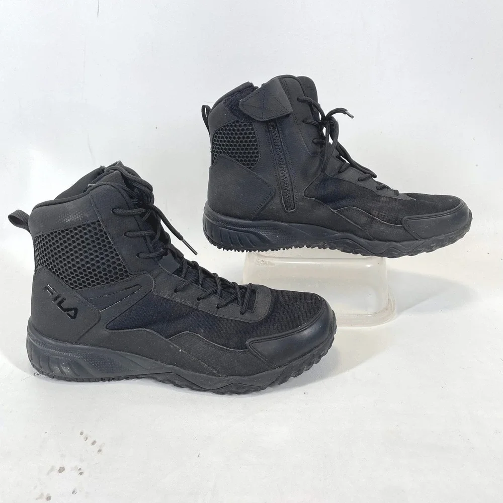 Fila Mens Tactical Boots Black Side Zip Slip Resistant 1LW00984-001 10.5 EEEE